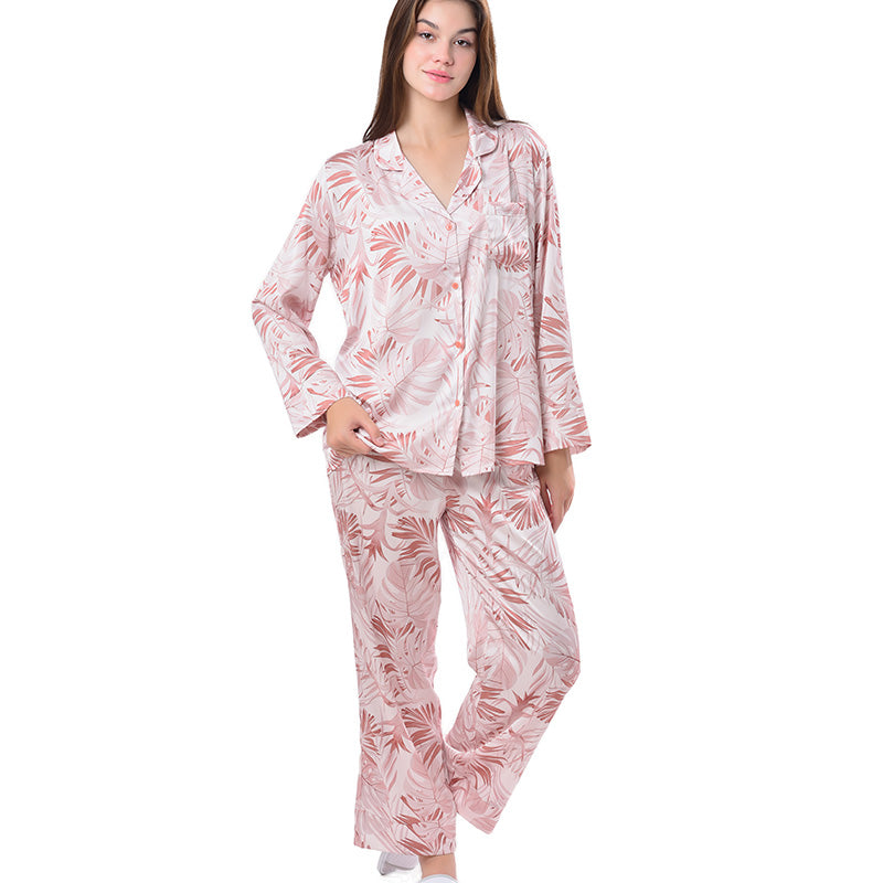 Pajamas Set Long sleeve and Pants Sleepwear Soft and Comfy Button Down Loungewear Relaxed Fit Big Leave Red