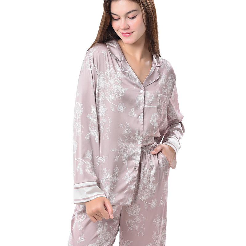 Pajamas Set Long sleeve and Pants Sleepwear Soft and Comfy Button Down Loungewear Relaxed Fit Brown Flowers