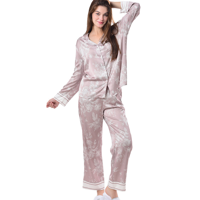 Pajamas Set Long sleeve and Pants Sleepwear Soft and Comfy Button Down Loungewear Relaxed Fit Brown Flowers