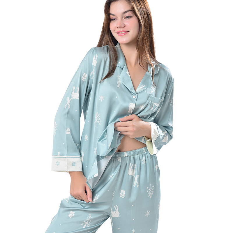 Ensemble pyjama à manches longues et pantalon Vêtements de nuit Doux et confortable Boutonné Vêtements de détente Coupe décontractée Frosty Dreamscapes