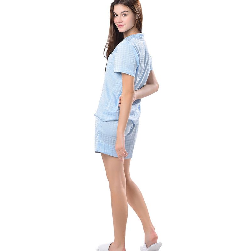 Ensemble de pyjama court Vêtements de nuit Doux et confortable Boutonné Géométrie bleue